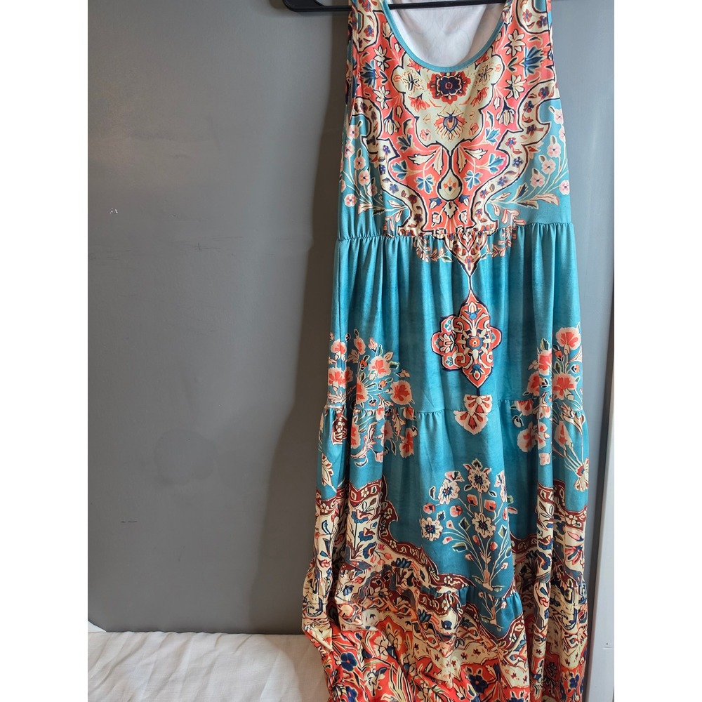 Boho Teal Floral Medallion Sleeveless Tiered Maxi Dress Large Summer Festival